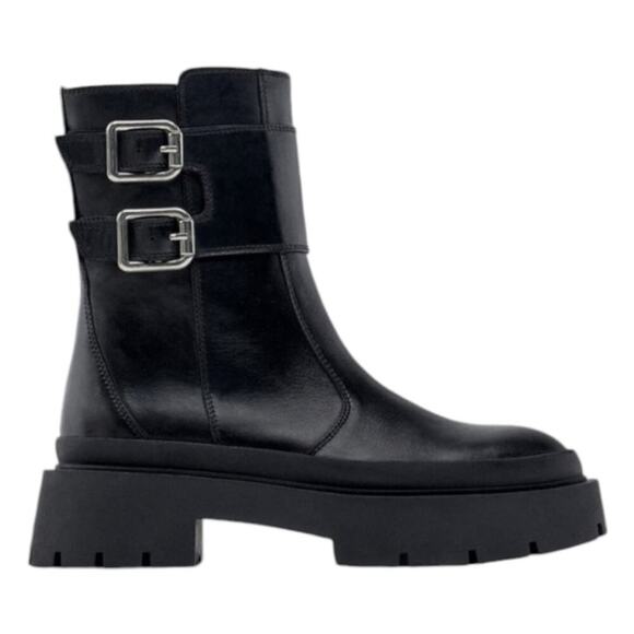 Zara Buckled Moto Goth Streetwear Lug SOLE Contemporary Boots Size 37 US 6.5 - Picture 7 of 16